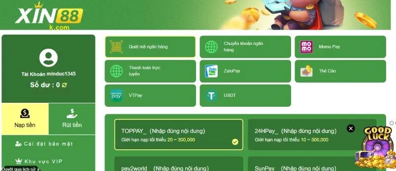 Đa dạng phương thức nạp tiền XIN88