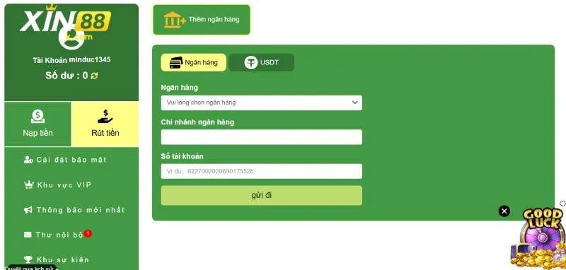 rút tiền thưởng qua ngân hàng XIN88