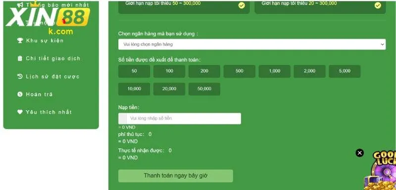 Thủ tục nạp tiền tài khoản XIN88