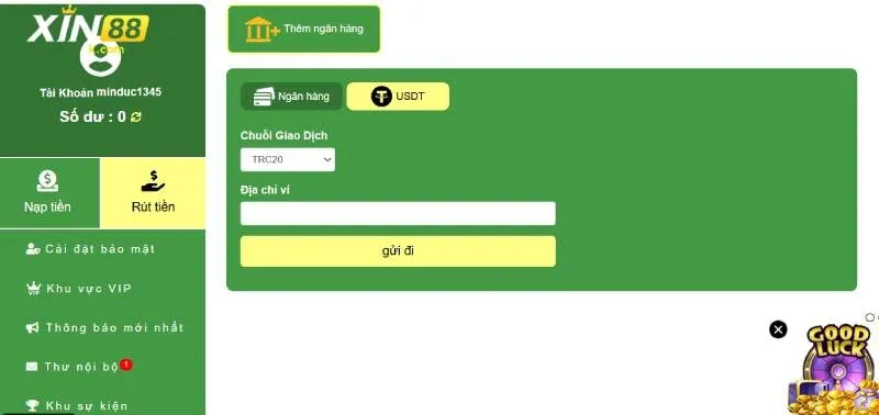 rút tiền thưởng XIN88 qua USDT